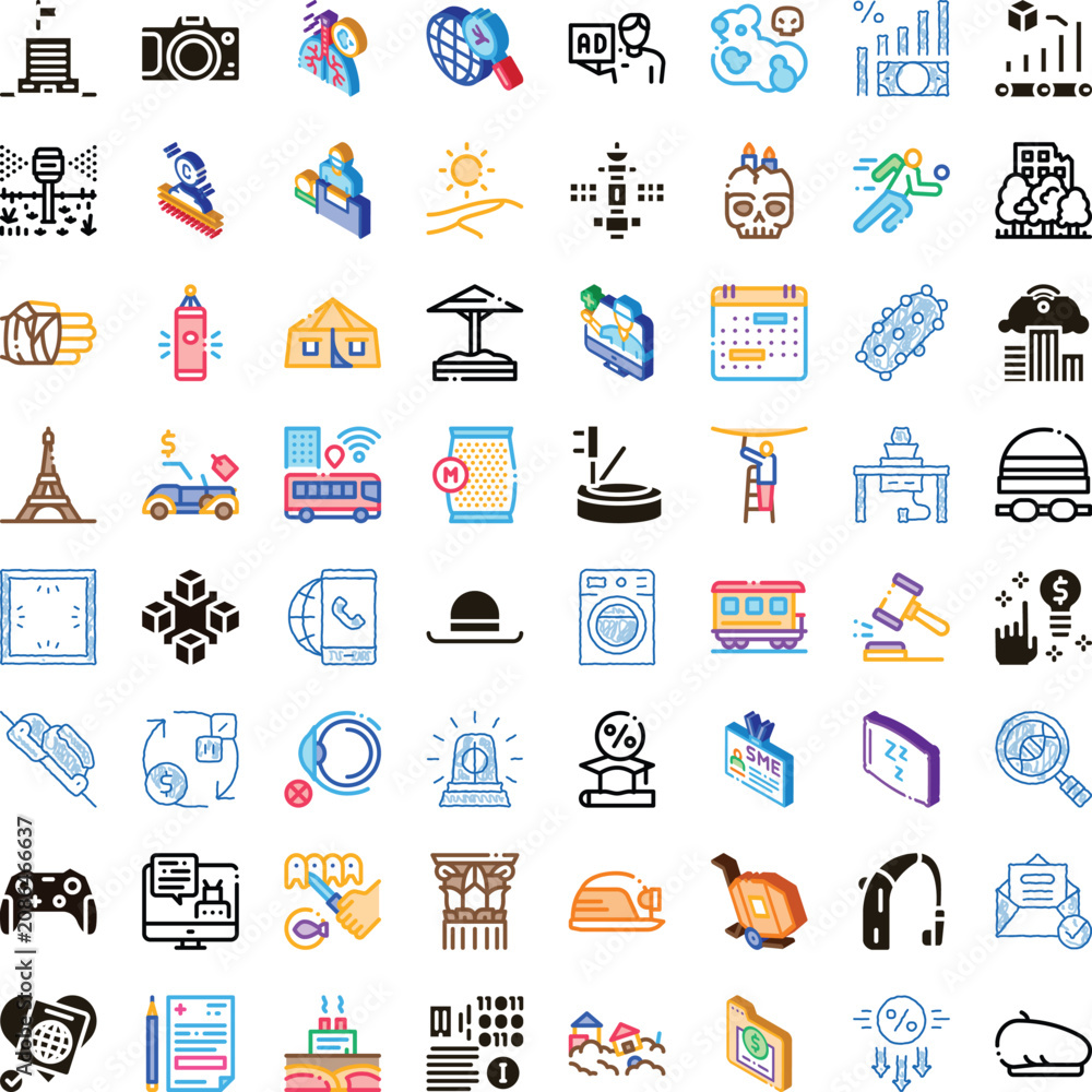 Naklejka premium Colorful outline vector icon set depicting business, finance, technology, communication, travel and healthcare concepts for web, app and digital service design and modern solutions