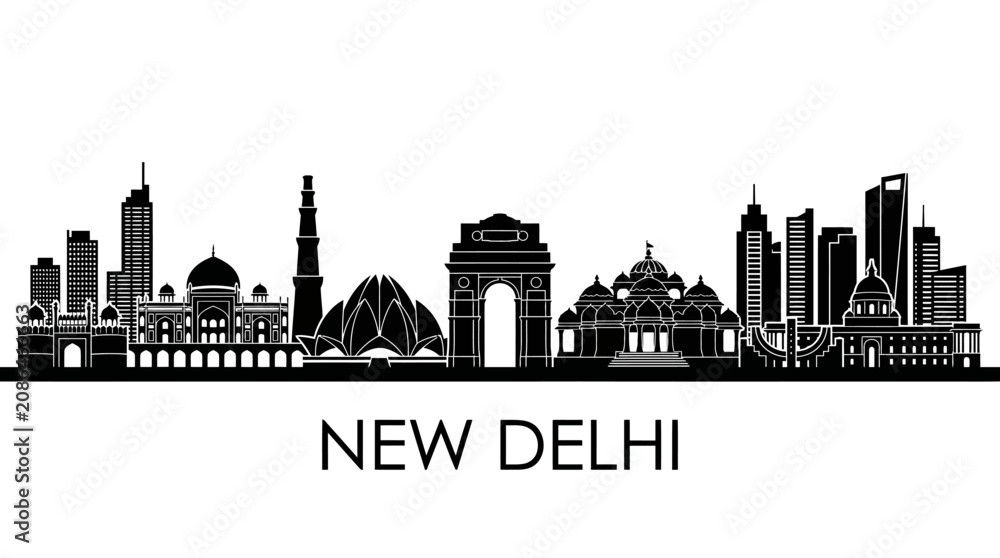 Fototapeta premium New Delhi Cityscape Silhouette - Iconic Landmarks Panorama