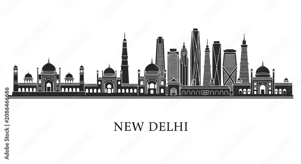 Obraz premium New Delhi Skyline Silhouette: Historic Monuments & Modern Architecture