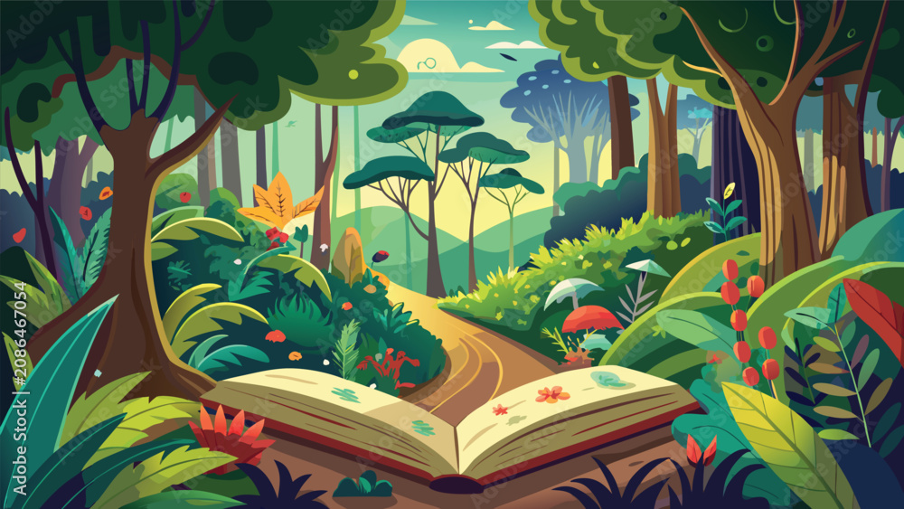 Fototapeta premium Open storybook revealing a magical forest landscape illustration with storybook adventure imagination illustration landscape fairytale creative whimsical woodland literature education