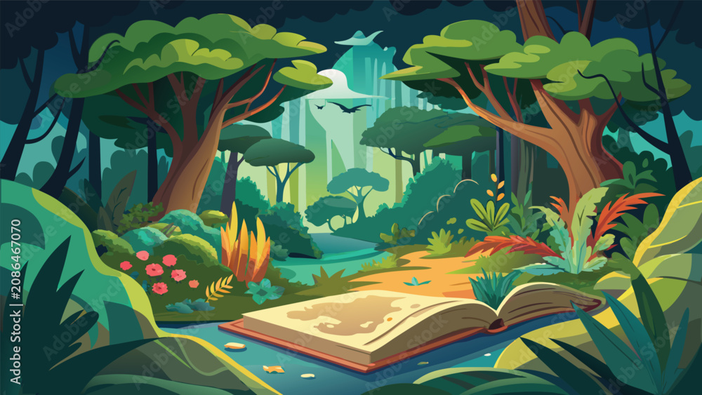 Fototapeta premium Open magical fantasy book lying in a lush forest clearing surrounded by plants and trees with fairytale adventure imagination literature woodland clearing mystical enchanted environment