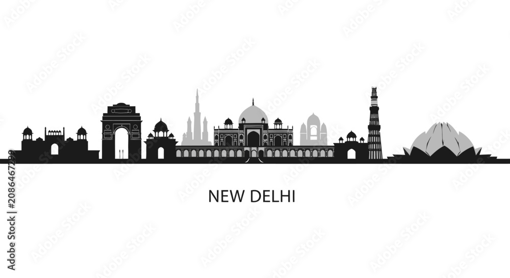 Fototapeta premium New Delhi Skyline Silhouette - Famous Landmarks Vector Art