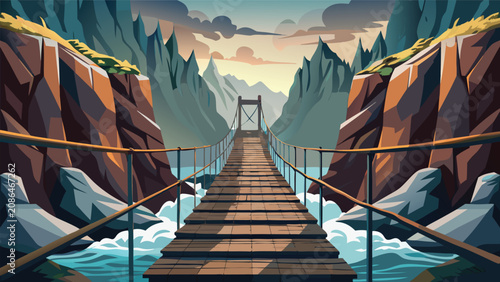 Canvastavla Wooden suspension bridge crossing a rocky mountain canyon gorge in a wilderness