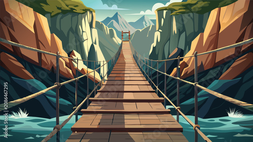 Cuadro en lienzo Suspension rope bridge over river between steep rock canyons with mountain adven