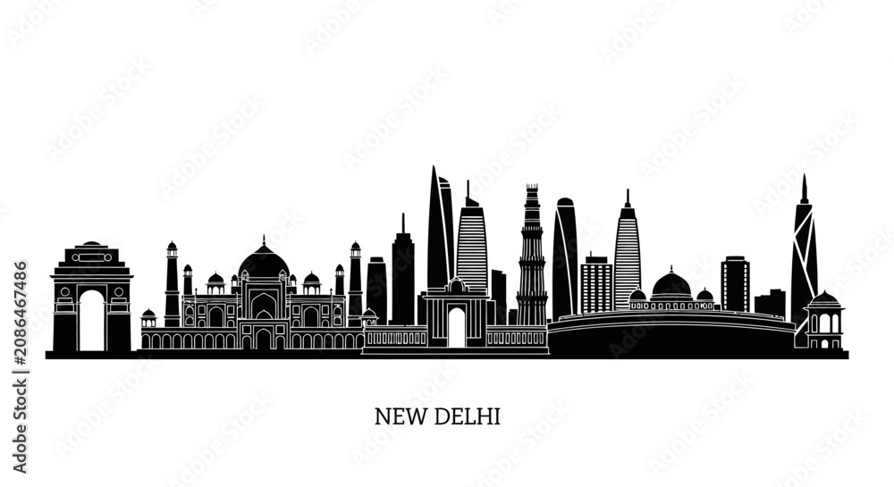 Fototapeta premium New Delhi Skyline Silhouette - Iconic Landmarks and Modern Architecture