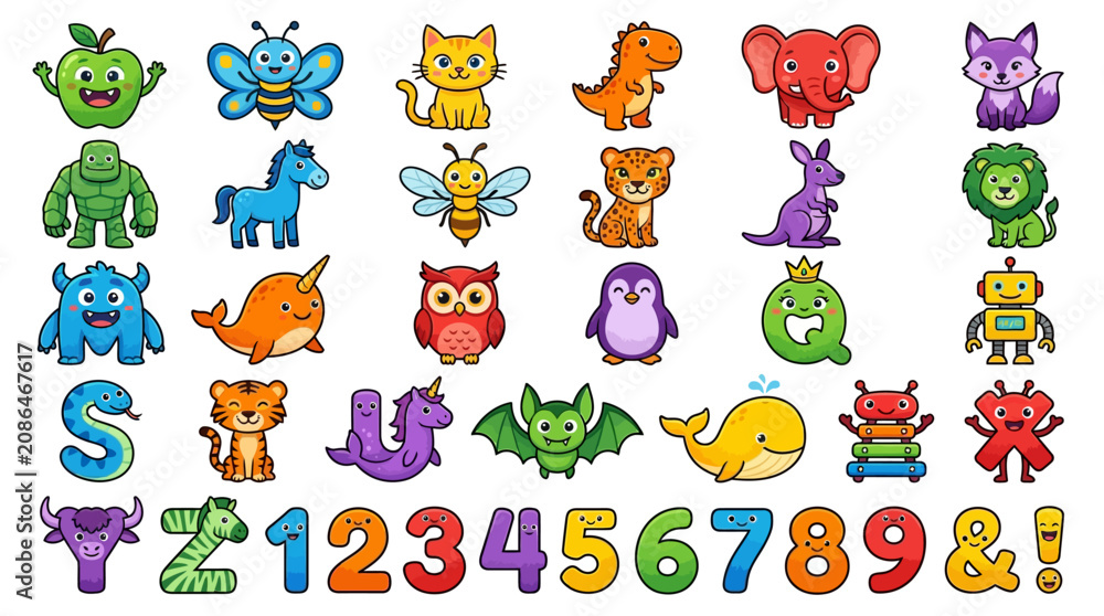 Obraz premium Cute Cartoon Animals, Alphabet Letters, and Numbers Collection for Kids