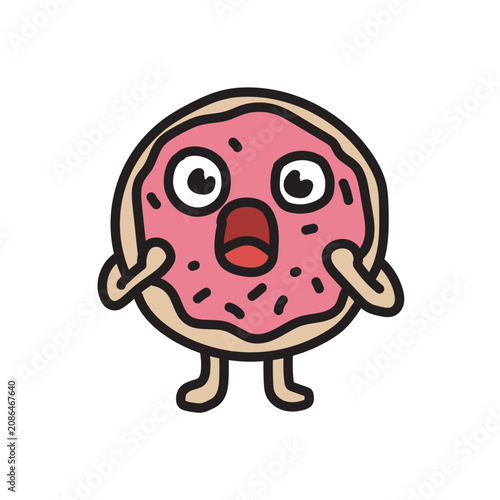 Doodle icon of a surprised donut character, isolated on a white background.
