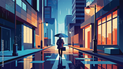 Tableau sur toile Pedestrian walking through rainy city street at night under warm glowing street