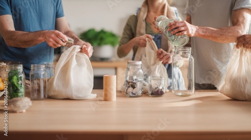 realistic family sorting household recycling into separate containers at home, reusable glass jars, cloth shopping bags, natural kitchen environment