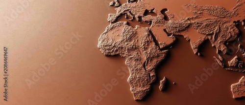Representation of Africa with clay texture showcasing the continent's unique shape and features on a warm brown background highlighting geographical outlines