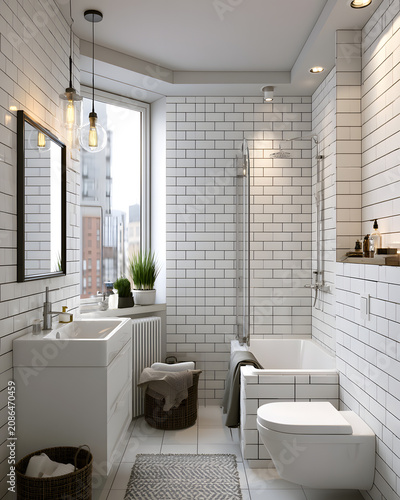 Elegant Urban Bathroom Design Featuring Subway Tiles in a Cozy Small Apartment Setting