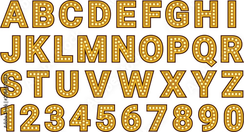 Foto Gold Marquee Light Bulb Alphabet and Numbers Vector Font Set for Broadway Theate