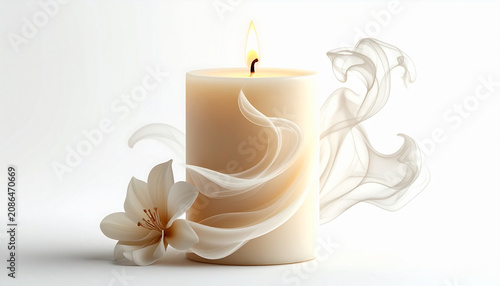 Lit candle with floral decor on white