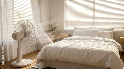 Electric pedestal fan cooling a bright airy bedroom during a hot summer day.
