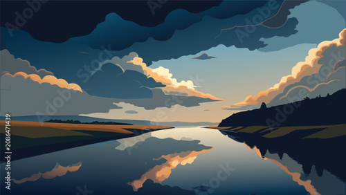 Foto Dramatic sunset landscape illustration of a calm river reflecting moody storm cl