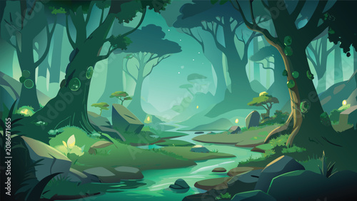 Schilderij op canvas Enchanted glowing forest with a winding stream and magical light enchanted fairy