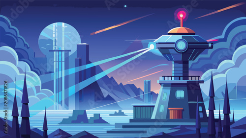 Foto Futuristic research base facility scanning a night sky landscape with research f