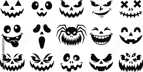 Fotografie Halloween silhouette faces set various spooky emotions and creatures