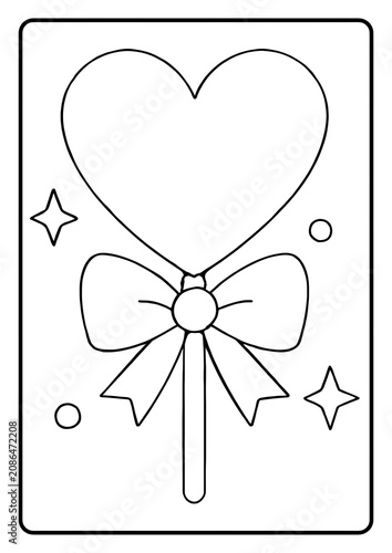 Cute heart-shaped lollipop coloring page with bold outlines and decorative stars.