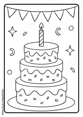 Cute birthday cake coloring page with candles and party decorations in bold outlines.