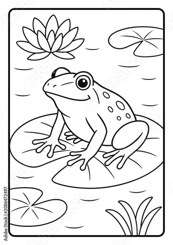 Cute frog coloring page sitting on a lily pad with bold outlines for kids.