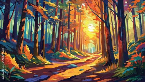 Bild auf Leinwand Enchanted forest trail at sunset with golden light woodland landscape environmen