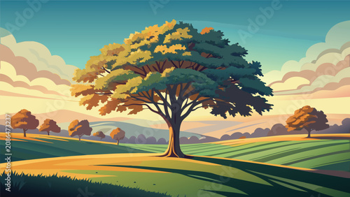 Canvas-taulu Landscape with a large oak tree in a sunny grassy meadow landscape sunlight envi