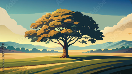Cuadro en lienzo Majestic solitary tree standing in open golden meadow at sunset with landscape s