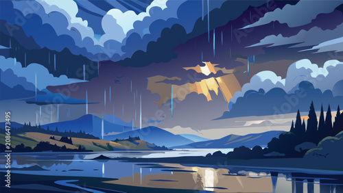 Schilderij op canvas Stormy mountain lake landscape with heavy rain clouds and sun rays mountain sunl