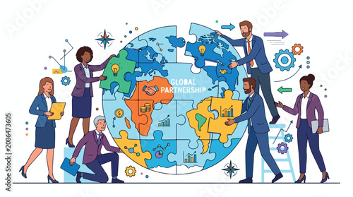 Diverse professionals collaborate around a globe puzzle to illustrate global teamwork and cross cultural collaboration