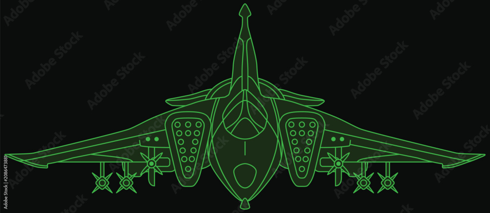 Fototapeta premium Combat fighter jet icon. Military airplane in front view. Aircraft with weapons missiles and gun, isolated on black background. Outline cyber green computer style. Vector illustration