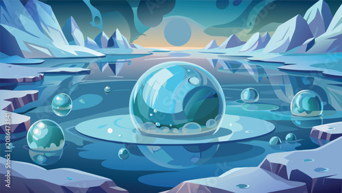 Fotografie Abstract frozen landscape with floating bubbles and ice landscape abstract refle