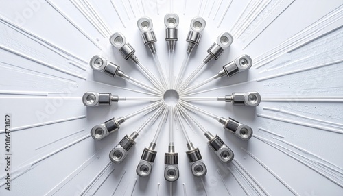 Aerial view of business team meeting around circular table.