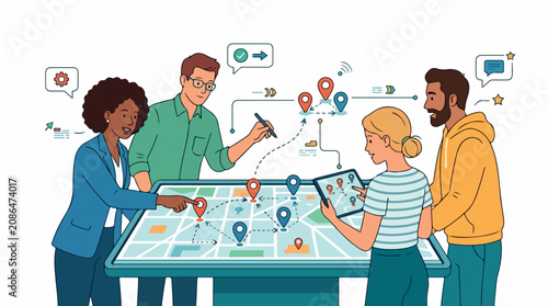 Diverse group of professionals collaborates around a large map table, planning strategies in a bright modern workspace