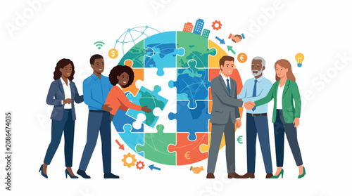 Diverse professionals collaborate around a colorful globe puzzle to symbolize global teamwork in a business setting
