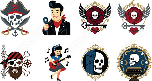 Photos Retro Rockabilly and Pirate Tattoos Icon Set with Skull Crossbones Rocker Musici