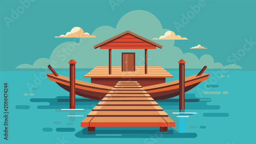 Photos Wooden pier with boat on calm blue water landscape peaceful vacation illustratio