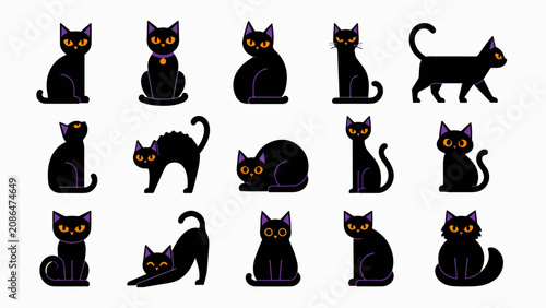 Halloween Black Cat Vector Set. Spooky Kawaii Cats Characters Pack arranged in Circle with Haunted House and Pumpkin. Funny Halloween Animals Cartoon Icons Isolated on White Background.