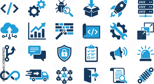 Software Development and DevOps Lifecycle Icon Set with Coding Deployment Bug Tracking Cloud Computing Security and Agile Framework Symbols for Tech Web Designs