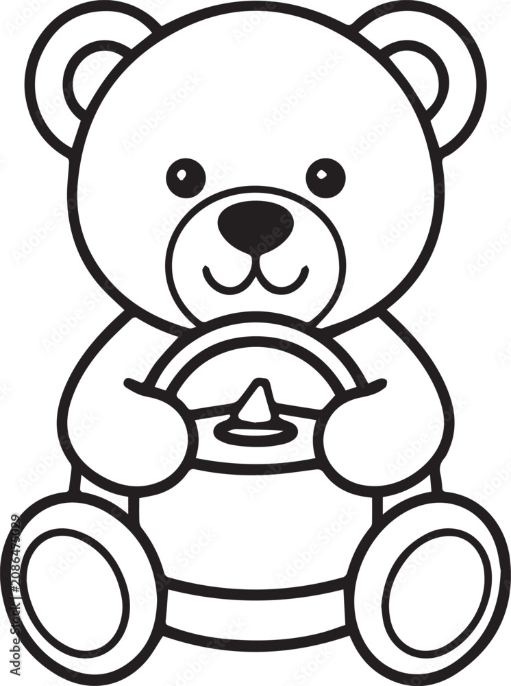 Fototapeta premium A cute teddy bear illustration, black and white, sits and holds a steering wheel, symbolizing playfulness and imagination.