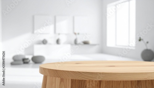 Minimalist wooden bathroom shelf with toiletries and towel.