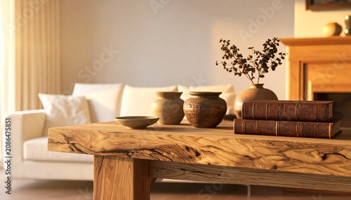 Cozy wooden table with fresh bread and kitchenware in rustic kitchen.