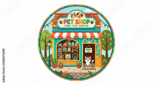 Vibrant tropical cafe storefront illustration with palm trees and a striped awning inside a circular badge