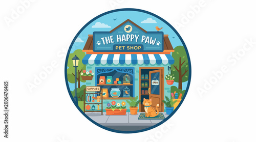 Whimsical cartoon seafood shop storefront under blue sky with bright colors and cheerful ocean vibe in a round badge