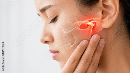 Young woman touching her cheek suffering from temporomandibular joint disorder or TMJ pain with red glowing jaw bone illustration