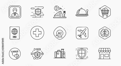 Hand drawn doodle icon set featuring travel security food technology and business symbols.