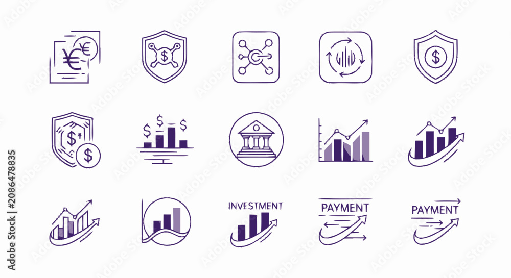 Fototapeta premium Hand drawn finance and banking icon set with investment charts and money security symbols.