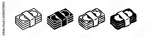 Foto Set of four isometric money stack icons in various artistic styles: line art, solid, hand-drawn, and brush