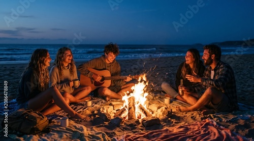 Friends Enjoying Bonfire and Guitar on Beach at Night