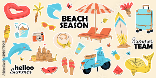 Cute set of summer beach stickers. Surfboard, palm tree, sandcastle, watermelon, pineapple, scooter, umbrella, camera, sea wave, sunglasses and cream, travel suitcase, sun loungers